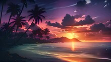 Beautiful Tropical Beach With Palm Trees At Sunset. Retrowave Fantasy Landscape Background.