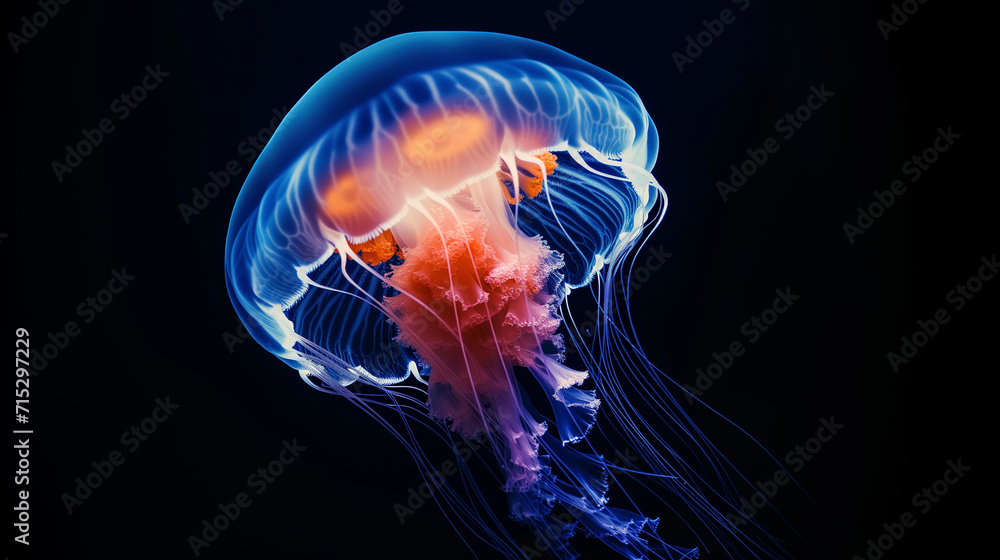 Bioluminescent jellyfish floating with tentacles trailing in deep blue ...