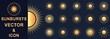 Retro gold Sun burst shapes. Vintage light starburst logo, labels, badges. Sunburst design elements collection. Vector firework design elements. Hand drawn set of golden Sun, sunburst, light rays 