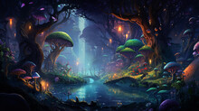 Whimsical Fantasy Scene Showing Lush Enchanted Enchanted Forest With Mythical Creatures AI Designed