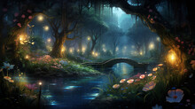 A Whimsical Scene Depicting A Magical Garden At Night