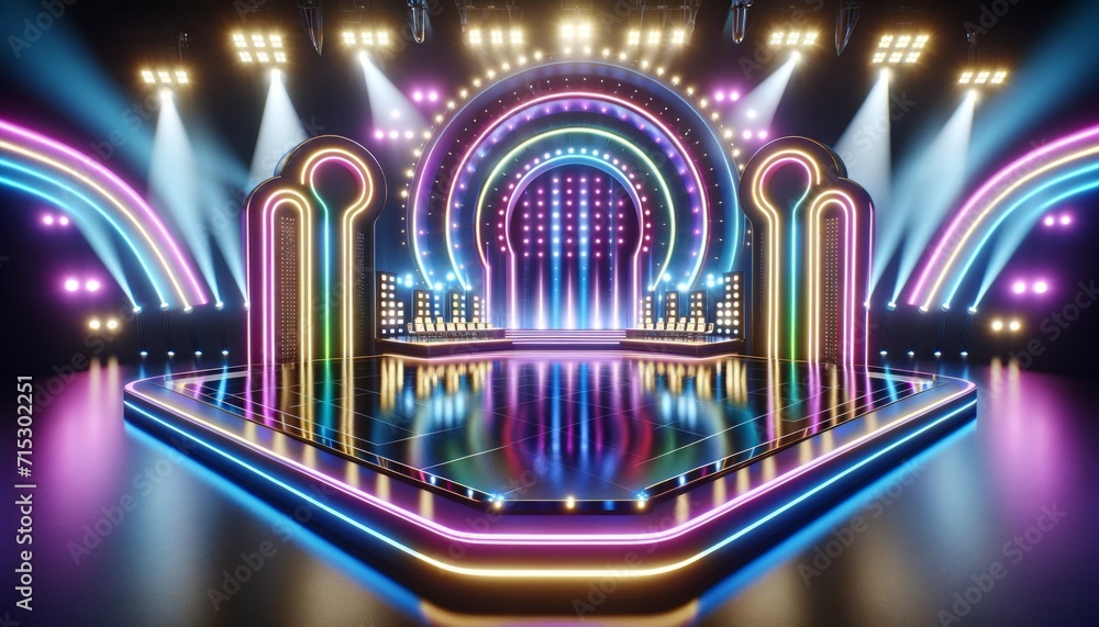 Modern game show stage with bright neon lights and no audience. The game show stage is colorful with neon lights and no chairs.