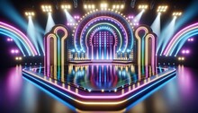 Modern Game Show Stage With Bright Neon Lights And No Audience. The Game Show Stage Is Colorful With Neon Lights And No Chairs.