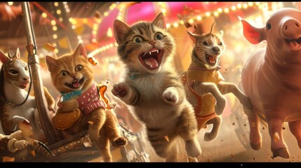 Wall Mural - A group of cheeky cats are causing chaos at the carnivals petting zoo as they attempt to ride miniature ponies while being chased by a goat and a pig all under the influenc