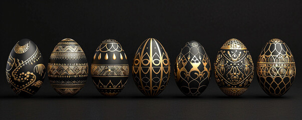 Easter eggs lying in a row with black and gold decor on a dark plain background. Flat lay, top view. Banner, card with place for text, religious holiday. Free copy space