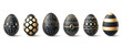 Easter eggs lying in a row with black and gold decor against a plain background. Flat lay, top view. Banner, card with place for text, religious holiday. Free copy space, illustration