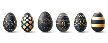 Easter Eggs Lying In A Row With Black And Gold Decor Against A Plain Background. Flat Lay, Top View. Banner, Card With Place For Text, Religious Holiday. Free Copy Space, Illustration