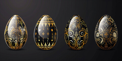 Wall Mural - Black Easter eggs with gold decoration on a black background. Banner, greeting card, ornament. Religious holidays concept, illustration