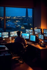 Wall Mural - Security guard monitoring surveillance screens in a dimly lit control room during the late shift, Generative AI