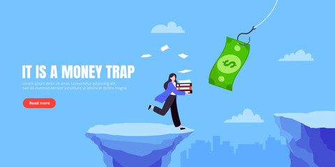 Money trap business concept. Young adult businesswoman running to catch the money flat style design vector illustration. Metaphor of greedy financial risk and bad solutions.