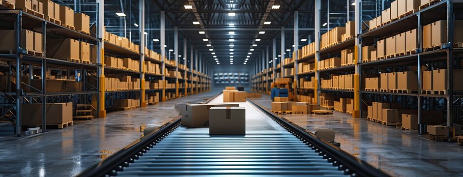 an automated logistics concept illustrated by a conveyor belt in a distribution warehouse, with rows