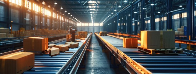Wall Mural - An automated logistics concept illustrated by a conveyor belt in a distribution warehouse, with rows of cardboard box packages for e-commerce delivery.