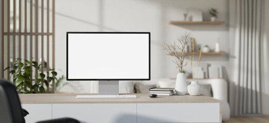 Interior design of a modern white home office workspace with a PC computer mockup on a desk.