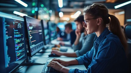 Poster - A team of software developers coding, collaborating and testing applications in a modern development environment. Generative AI.