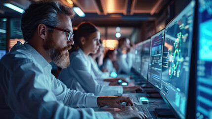 Leinwandbilder - A team of software developers coding, collaborating and testing applications in a modern development environment. Generative AI.