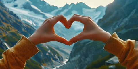 Wall Mural - Hands in the shape of a heart on the background of mountains. The Concept of Travel Love