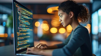 Leinwandbilder - Software development concept. Coding programmer, software engineer working on her laptop with coding computer code on virtual screen. Generative AI.