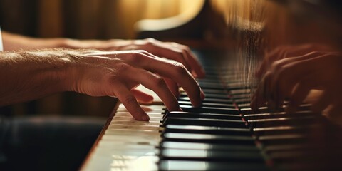 Wall Mural - Close up of male hands on piano keys. Musician playing on instrument. Concept of music.