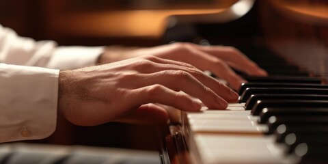 Wall Mural - Close up of male hands playing the piano. Concept of music.