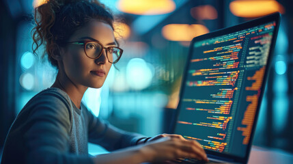 Leinwandbilder - Software development concept. Coding programmer, software engineer working on her laptop with coding computer code on virtual screen. Generative AI.