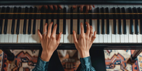 Wall Mural - Young woman playing the piano top view. Close-up of hands on the piano keyboard. 