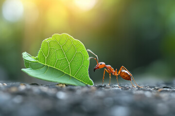 Side view of an ant carrying a green leaf that is many times bigger than him. Generative AI.