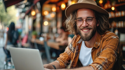 Sticker - hipster people using a laptop, happy. Generative AI.