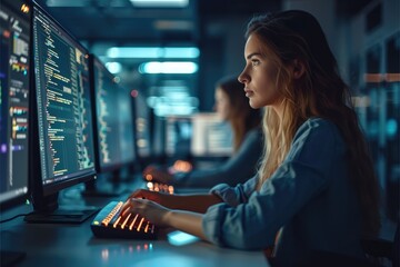 Poster - Female Software Engineer Writing Code on Desktop Computer with Multiple Screens Setup in Stylish Co working Office Space. Generative AI.