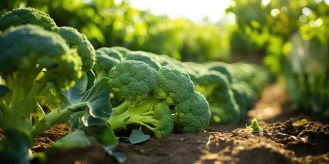 Wall Mural - Organic fresh broccoli cabbage close-up on the field, eco-friendly products. Generative AI