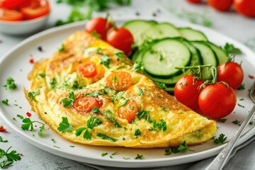 Wall Mural - Healthy breakfast food, stuffed egg omelette with vegetable