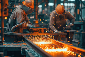 Poster - Two worker making gates in smithy. Generative AI.