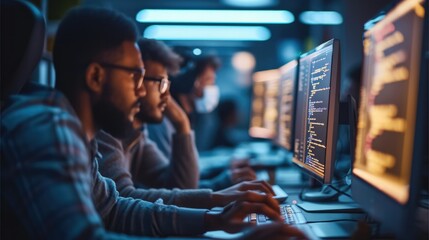 Fototapete - Group of developers working in her computers creating systems. Generative AI.