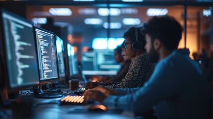 Fototapete - Group of developers working in her computers creating systems. Generative AI.
