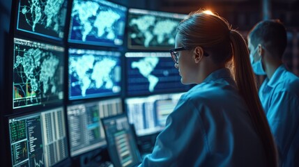 Fototapete - Group of young college cyber security expert looking at screens in a bright room. Generative AI.