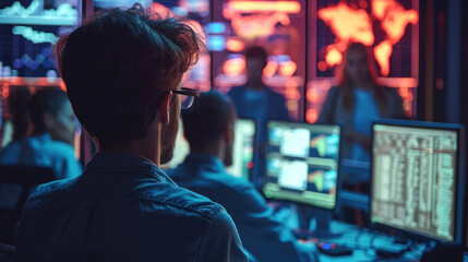 Fototapete - Group of young college cyber security expert looking at screens in a bright room. Generative AI.