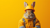 Fototapeta  - Cute Rabbit Dressed as a Construction Worker in an Orange Helmet