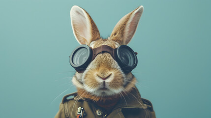 Canvas Print - Cute Rabbit in Military Uniform with Goggles