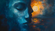 Moon Painting with Woman's Face over the Ocean. mind mental concept