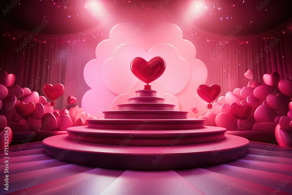 3D Valentine's day abstract background with red hearts and podium ...