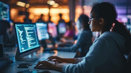 Fototapete - Group of people working on the programming code, Minimal blurred, Behind view. Generative AI.