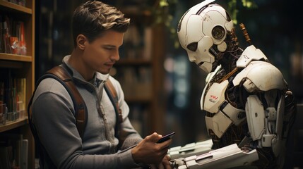 young man and cute white modern robot talking in the library.