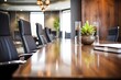 corporate boardroom with a glossy dark wood table and highbacked chairs