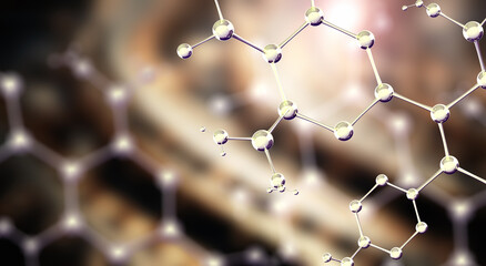 Wall Mural - horizontal banner with model of abstract molecular structure. background of blue color with glass at