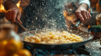 close-up man cooking healthy pasta for his family in his home kitchen in a small frying pan dish wit