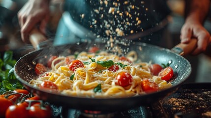 Wall Mural - Close-up man cooking healthy pasta for his family in his home kitchen in a small frying pan dish with vegetables on stove