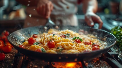 Wall Mural - Close-up man cooking healthy pasta for his family in his home kitchen in a small frying pan dish with vegetables on stove