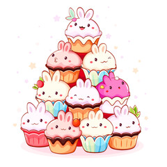 Wall Mural - Cute animal-shaped sweet desserts in kawaii style with smiling face and pink cheeks. Bunny-shaped cake, muffin and cupcake with whipped cream and berry. Vector illustration EPS8