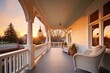 inviting wide veranda on a shingle style house during sunset