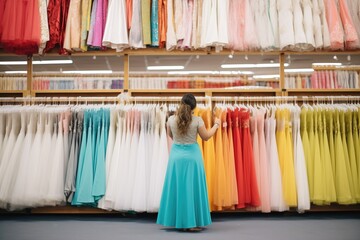 Wall Mural - customer browsing through rows of hanging colorful dresses