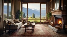 The Interior Of A Large Living Room With A Large Window With Mountains Behind It